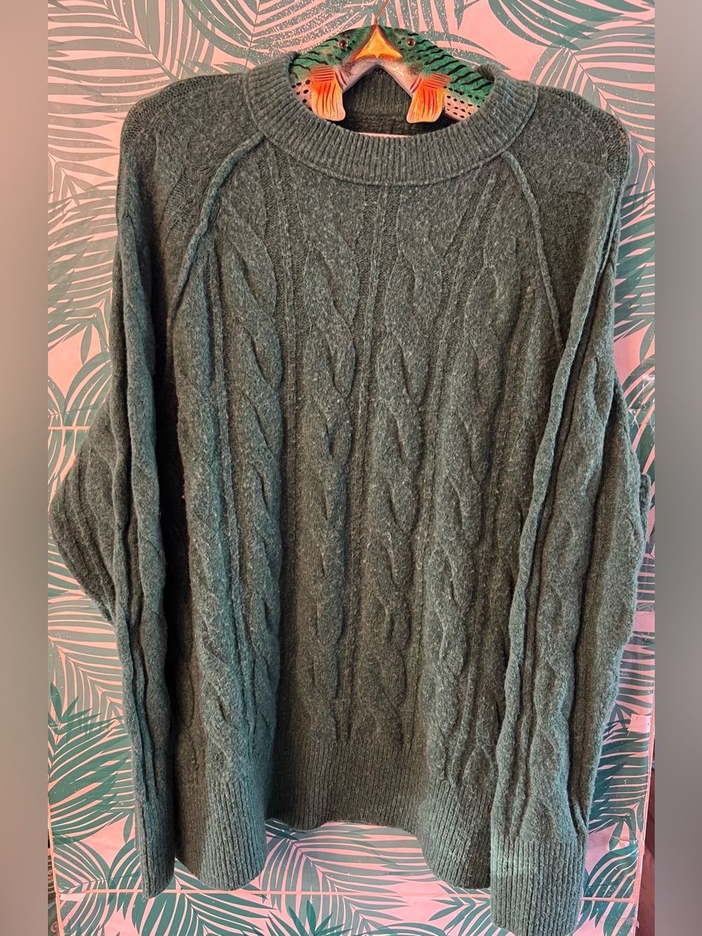 Aerie Oversized Cable Crewneck Sweater in heather hunter green sz S Guc